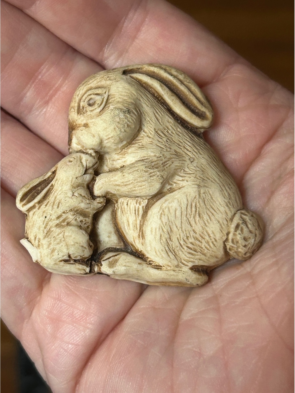 Vintage Carved Bunny Rabbit Mother and Baby Pin Brooch